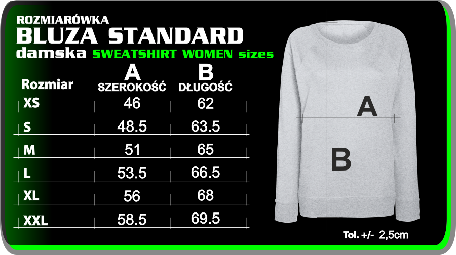 BLUZA STANDARD DAMSKA - rozmiarowka